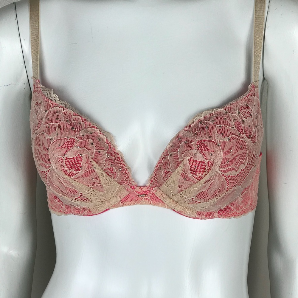 VS Plunge Bra Hot Pink Lace & Gems Size